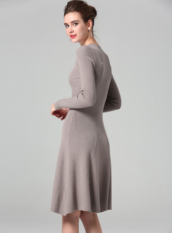 Brief Long Sleeve Big Hem Elastic Knitted Dress