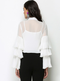 White Layered Sleeve Tied-collar Blouse