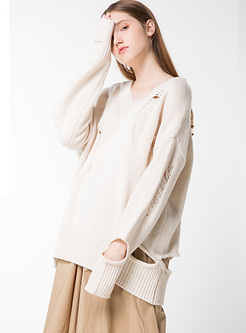 Loose V-neck Hole Pullover Sweater