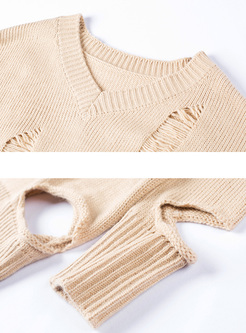 Loose V-neck Hole Pullover Sweater