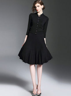 Brief Knitted Pleated Skirt Two-piece Outfits