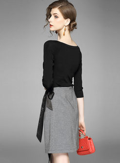 Black Three Quarters Sleeve T-shirt & Asymmetry Hem Skirt