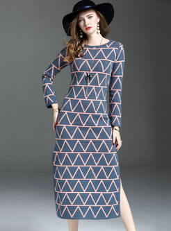 Geometric Pattern Long Sleeve Slit Knitted Dress