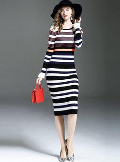 Causal Striped Hit Color Long Sleeve Knitted Dress