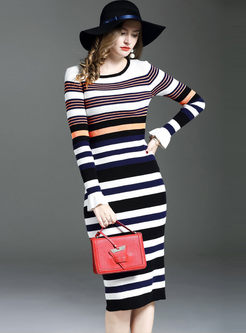 Causal Striped Hit Color Long Sleeve Knitted Dress