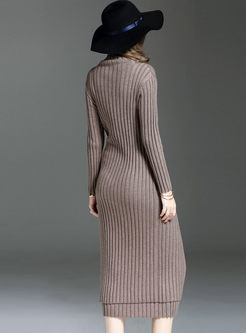 Pure Color Turtle Neck Slim Slit Knitted Two-piece Outfits