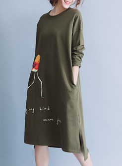 Casual Cotton Bird Design T-shirt Dress