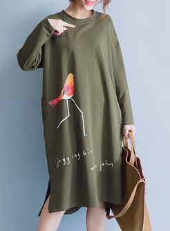 Casual Cotton Bird Design T-shirt Dress