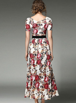 Elegant Lace Print Gathered Waist Maxi Dress