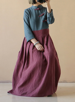Vintage Color-blocked Stand Collar Maxi Dress