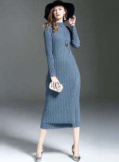 Pure Color Turtle Neck Slim Slit Knitted Two-piece Outfits