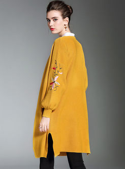 Causal Embroidered Lantern Sleeve Loose Knitted Coat