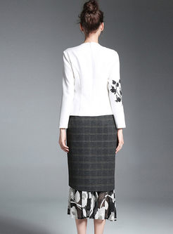 White Slim Embroidered Long Sleeve Top & Plaid Splicing Lace Hollow Out Bodycon Skirt