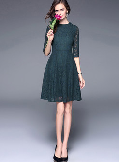 Vintage Half Sleeve Lace Hollow Out Skater Dress