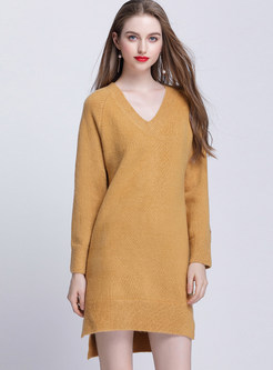 Brief V-neck Split Knitted Dress