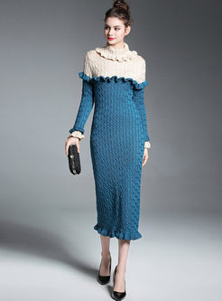 Hit Color Lotus Leaf Collar Knitted Dress