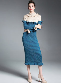 Hit Color Lotus Leaf Collar Knitted Dress