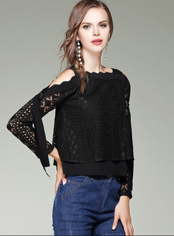 Black Hollow Off Shoulder Falbala Collar Sweater