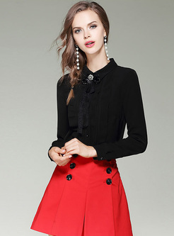 Black Chic Tied-collar Beaded Blouse