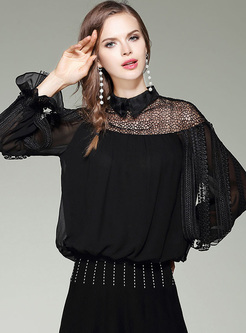 Black Lapel Flare Sleeve Perspective Pullover Blouse