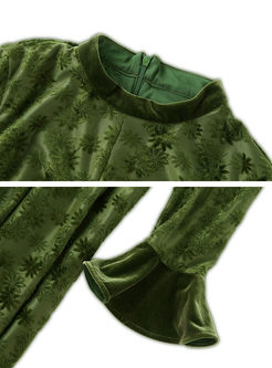 Green Velvet Embroidered Flare Sleeve Skater Dress
