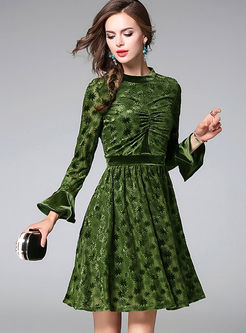 Green Velvet Embroidered Flare Sleeve Skater Dress