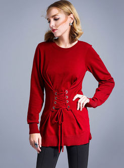 Stylish Lacing Long Sleeve Wool Knitted Top