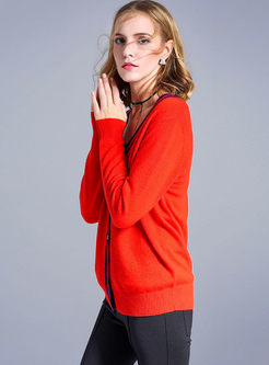V-neck Long Sleeve Single-breasted Wool Knitted Sweater