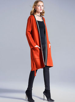 Causal Hit Color Long Sleeve Belt Knitted Coat