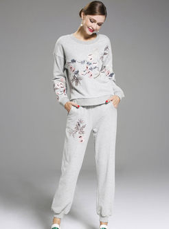 Causal Embroidered Long Sleeve Two-piece Outfits