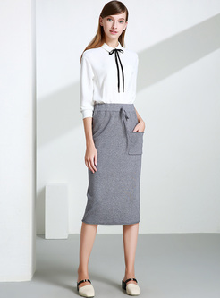 Casual Tied-waist Pocket Knitted Skirt