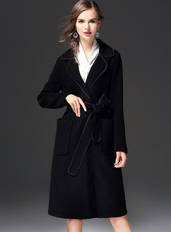 Black Turn Down Collar Belted Coat