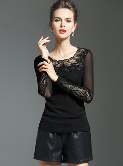 Sexy Black See-through Embroidery T-shirt