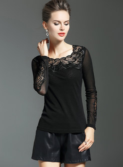 Sexy Black See-through Embroidery T-shirt