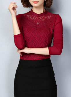 Lace Splicing Stand Collar Long Sleeve T-shirt