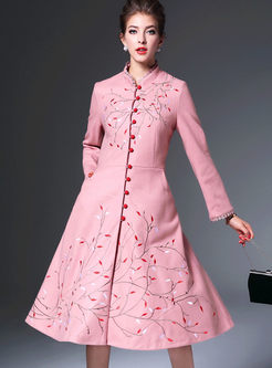 Slim Embroidered Stand Collar Woolen Trench Coat