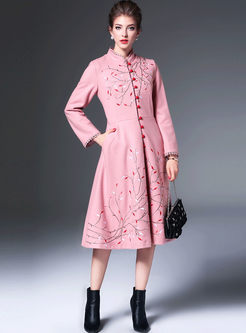 Slim Embroidered Stand Collar Woolen Trench Coat