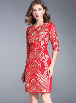 Red Floral Print Half Sleeve Bodycon Dress