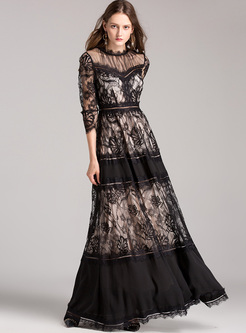 Street Lace Mesh Patched Maxi Dress