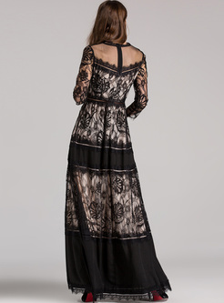 Street Lace Mesh Patched Maxi Dress