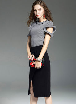 Plaid Lotus Leaf Sleeve Top & Black Slit Bodycon Skirt