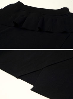 Plaid Lotus Leaf Sleeve Top & Black Slit Bodycon Skirt