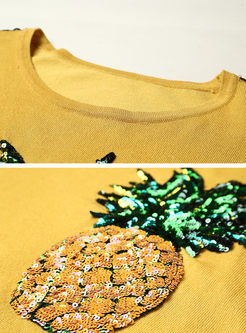 Pineapple Sequins Splicing Lace Three Quarters Sleeve T-shirt
