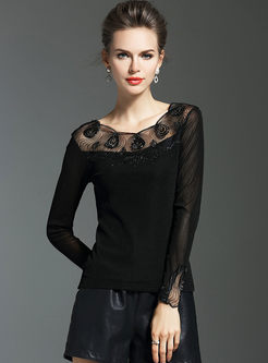 Nail Bead Embroidered Lace Long Sleeve Top