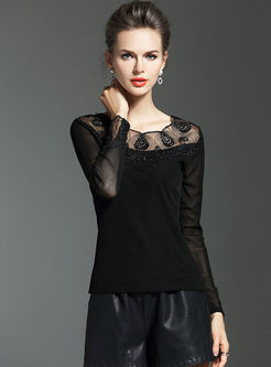 Nail Bead Embroidered Lace Long Sleeve Top