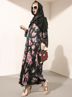 Chic Flower Print Lace Patched Loose Maxi Dress