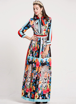 Vintage Multicolor Print Tied-collar Maxi Dress