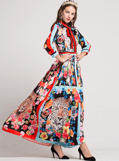 Vintage Multicolor Print Tied-collar Maxi Dress