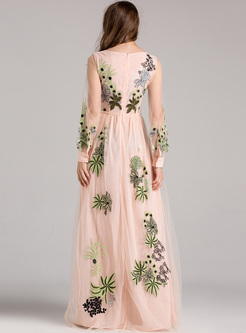 Elegant Embroidery Puff Sleeve Maxi Dress