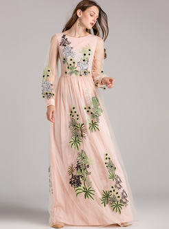 Elegant Embroidery Puff Sleeve Maxi Dress
